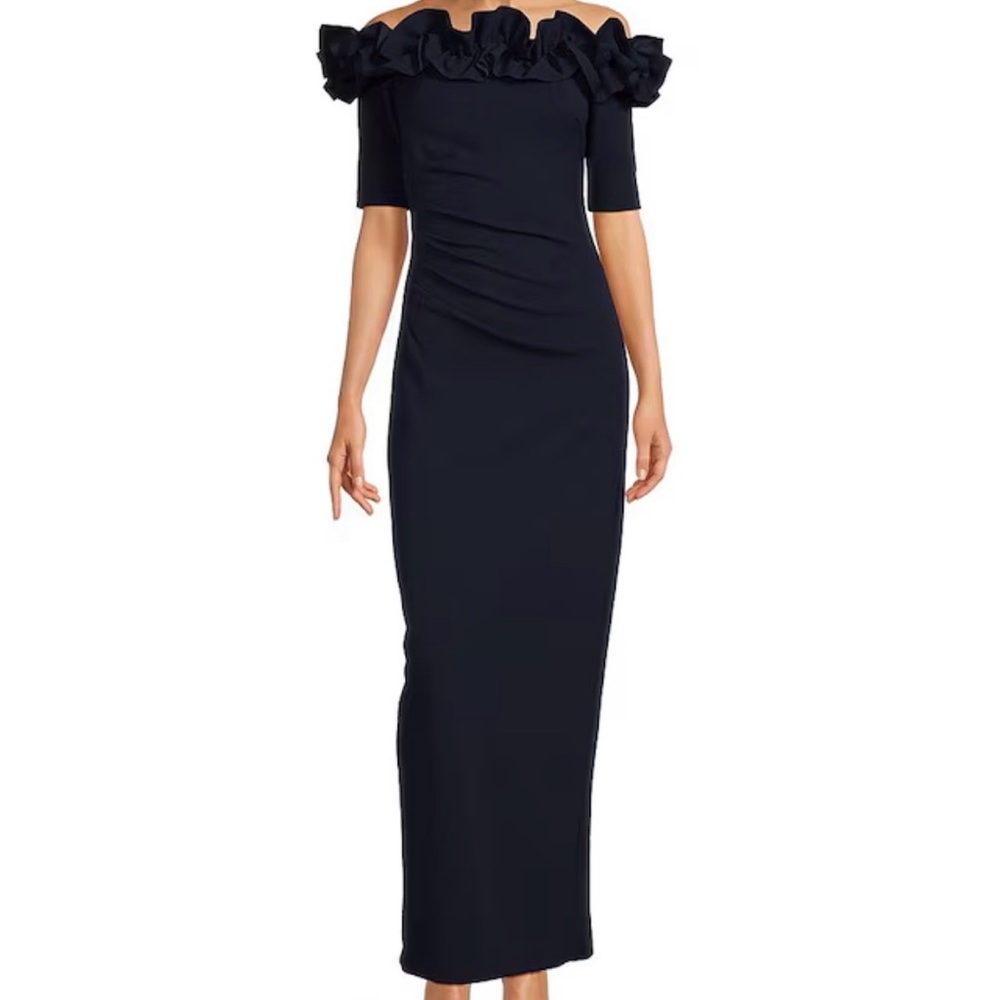 Ruffled Off-the-Shoulder Short Sleeve Crepe Sheath Gown